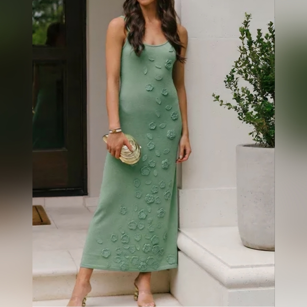 Caroline Constas Cala Knit Flower Shimmer Green Dress
